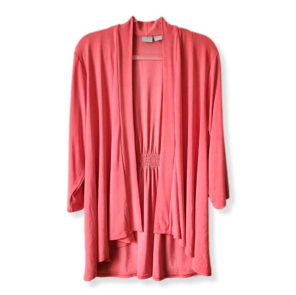 Chicos Pink Travelers Slinky Open Front Cardigan XL 3 Casual Career Classic Flaw
